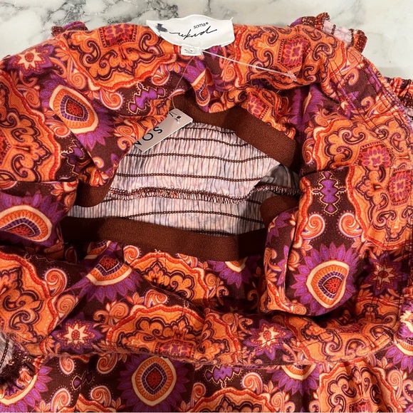 Soma Weekend Medallion Ruffle Sleeve Maxi Dress Pockets Built in Bra Smocked SM - Picture 9 of 12